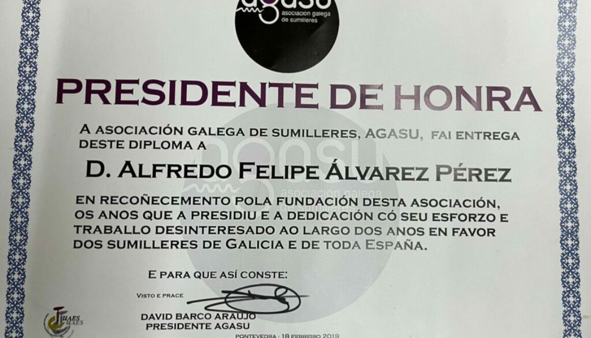 Diploma outorgado a Alfredo polo seu papel na fundación da Asociación de Sumilleres de Galicia